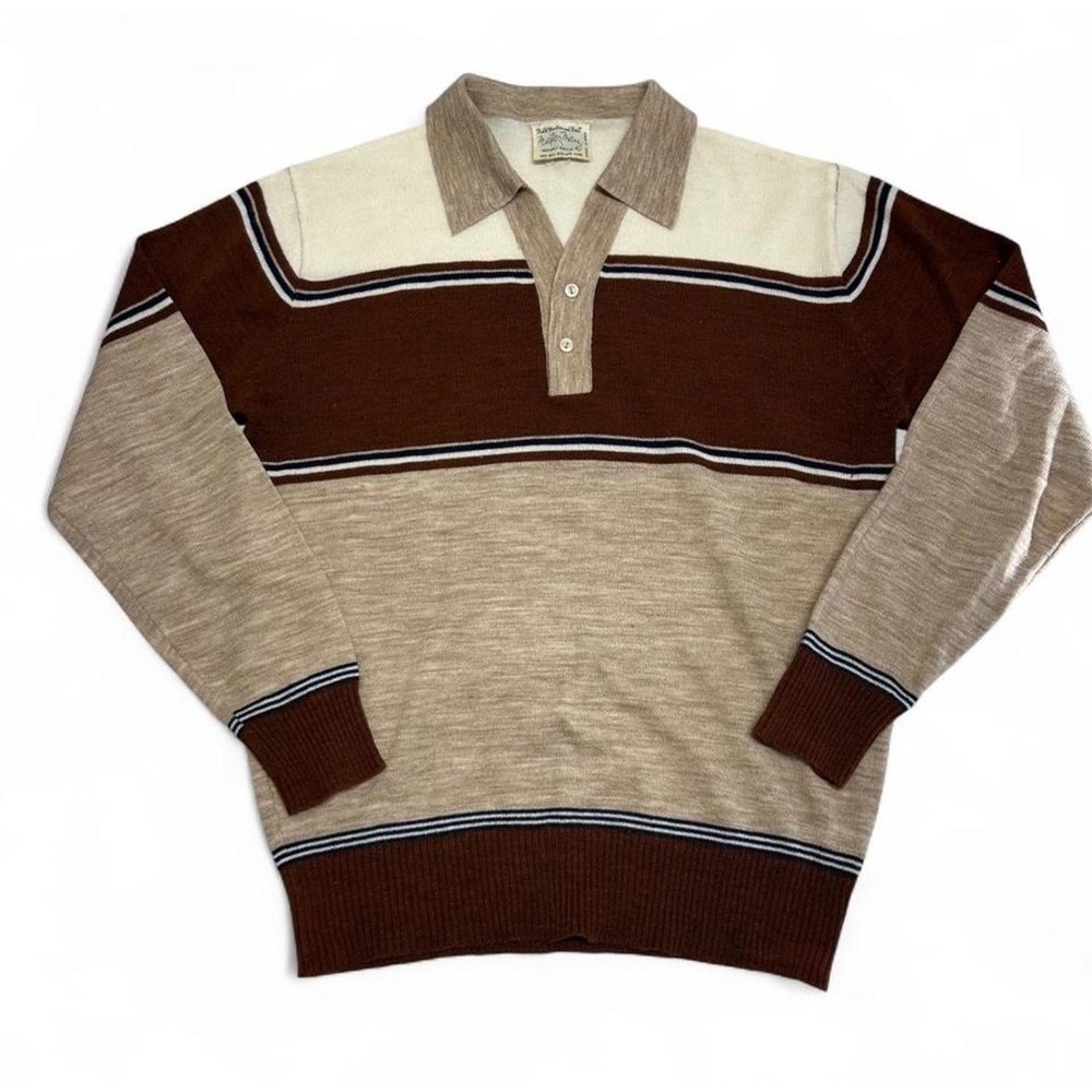 Vintage Mister Man Mens Large Brown Striped Acrylic Knit Polo Sweater 70s Retro
